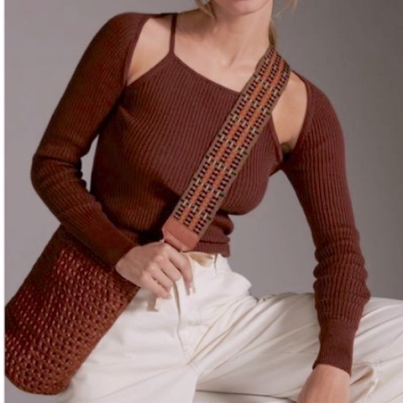 by Anthropologie Brown Ribbed Double Cut Out Knit Sweater Cinnamon Size M - Picture 1 of 15